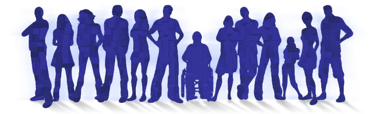 Youth and education professionals with and without disabilities in a row, silhouetted in blue.